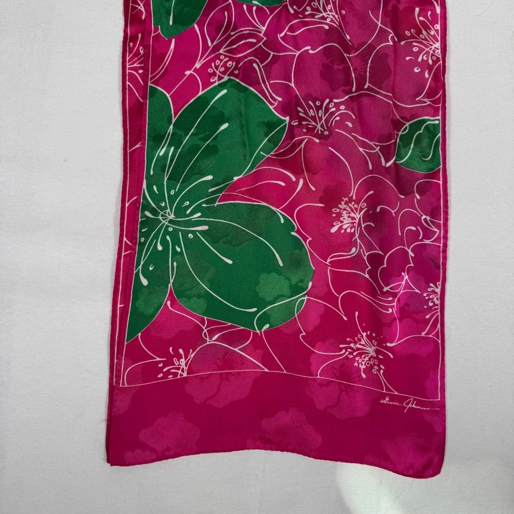 Ginnie Johnson Pink Hibiscus Floral Silk‎ Scarf Tropical Botanical Signed 61x11